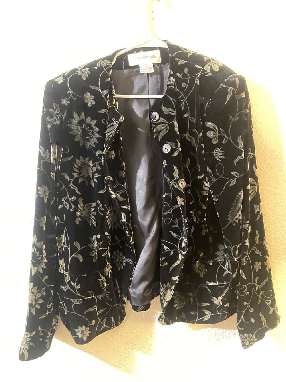 Vintage Jones New York Velvet Floral Embroidered Blazer Jacket Black Size 14